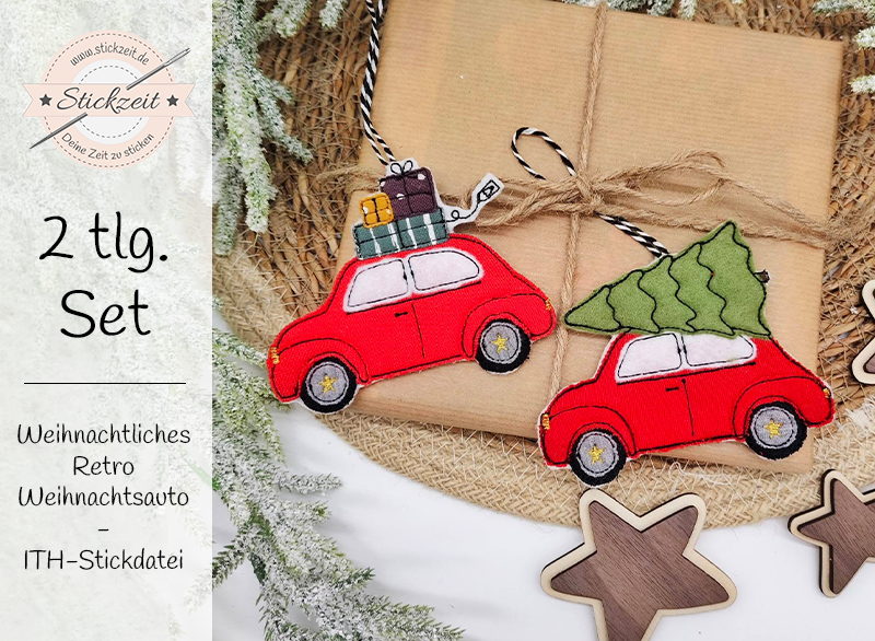 Retro Auto Weihnachts Anhänger Set- ITH-Stickdatei